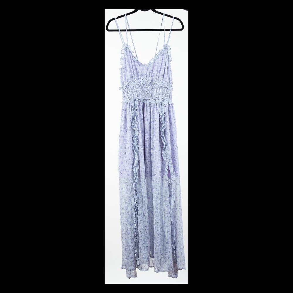Elliatt Womens Purple Floral Smock Waist Double Slit Whimsical Dress Size XL NWT